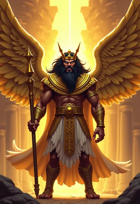 Make a pharaoh, strong, high, big black hair, black eyes,  gold props , an Egyptian crown, with a divine aura, golden aura , using a gold staff, with an angry expression,  cartoon style, golden angel wings, villain 