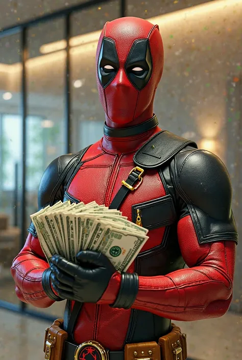 Rich Deadpool with golden suit smiling and holding 10k dollars at office