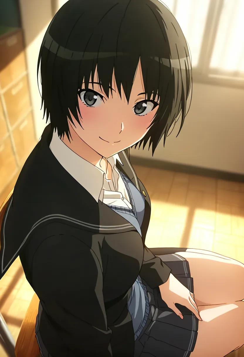 (anime screencap, masterpiece, best quality), Intricate details, indirect lighting, upper body, (Focus on the breasts), looking at viewer, sitting, full body, 1girl, medium breasts, black hair, short hair, black eyes, school uniform, smile, indoors