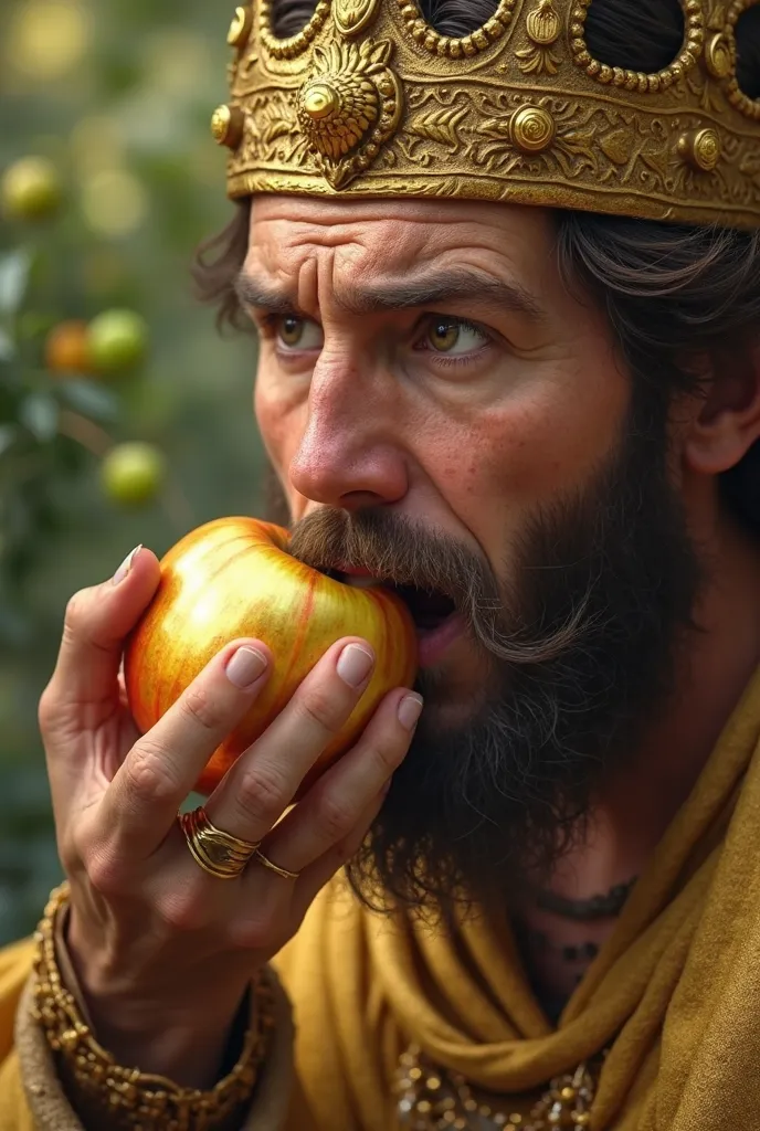 King midas biting an apple made out of gold with a surprised expression