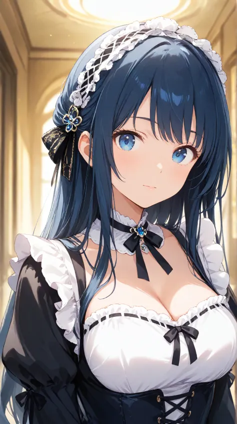 masterpiece,large breasts, long hair, (black hair1.5) , bangs, （1girl1.5）, 青リボン、Blue hairs ornament, 18 years old、breast focus、looking at viewer，full body，lolita maid,fitted bodice