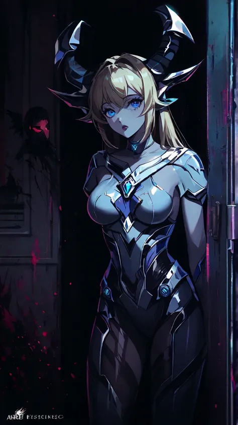 One girl, power suit, blond hair, blue eyes, big horns, zombified, monstrous, blue skin, young, , poor breasted, sickly