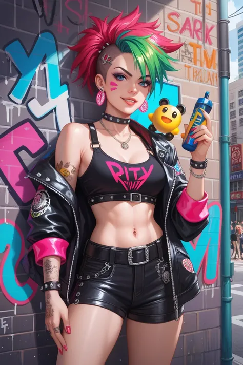 Anime girl in a Punk outfit, painting a glowing smiley with spray paint on a Wall. Rebell