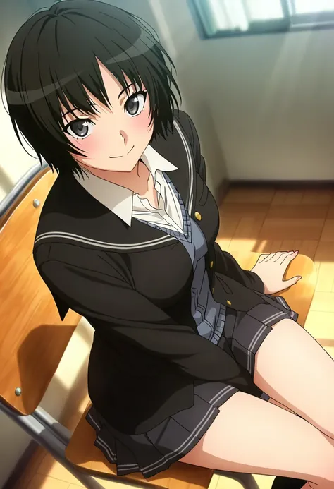 (anime screencap, masterpiece, best quality), Intricate details, indirect lighting, upper body, (Focus on the breasts), looking at viewer, sitting, full body, 1girl, medium breasts, black hair, short hair, black eyes, school uniform, smile, indoors