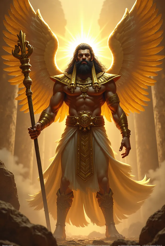 Make a pharaoh, strong, high, big black hair, black eyes,  gold props , an Egyptian crown, with a divine aura, golden aura , using a gold staff, with an angry expression, RPG style, golden angel wings, villain, expression of hate 