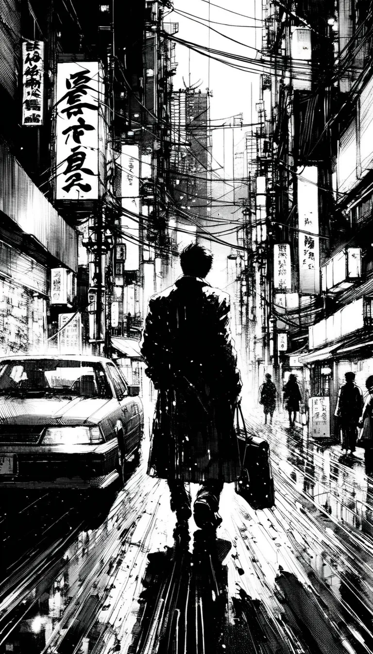 man, Japanese, 30-years-old, cityscape in Tokyo, noir, comic book-style drawing, ink brush strokes, oil painting color
, high contrast, cinematic lighting,