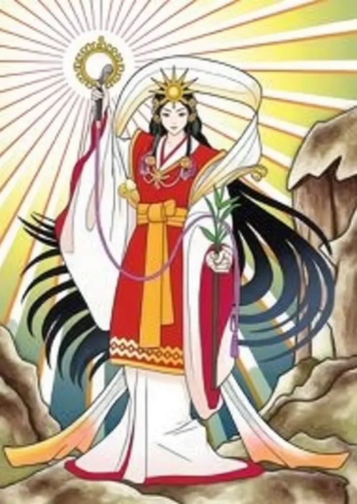 Japanese god Amaterasu、A figure wearing a gorgeous white and red kimono、A cane with a sun motif、A crown imitating the sun