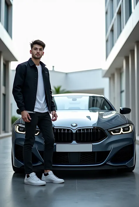 A young man next to a BMW car