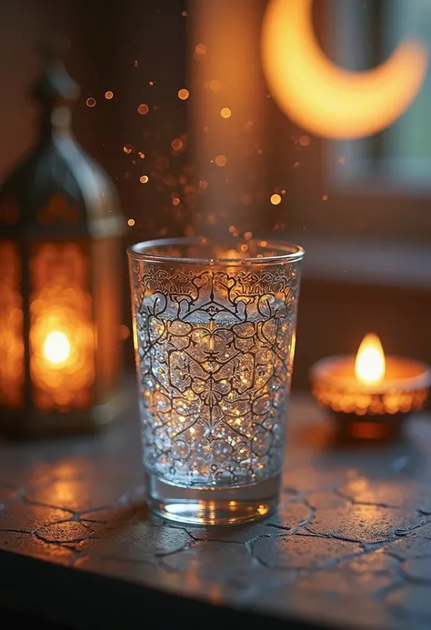 A cinematic close-up shot of a beautifully crafted glass with intricate Islamic geometric patterns, being filled with crystal-clear water in slow motion. The water flows gracefully from a traditional brass pitcher, catching the warm golden glow of lanterns...