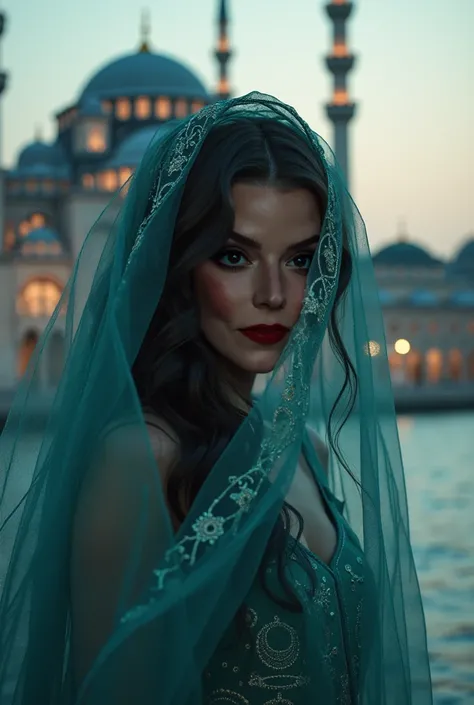 Draw a wavy hair veiled woman, make up, 4k, dark ambient, realistic, photorealism, in front of sultanahmet mosque, istanbul, a thousand and one nights tales vibe