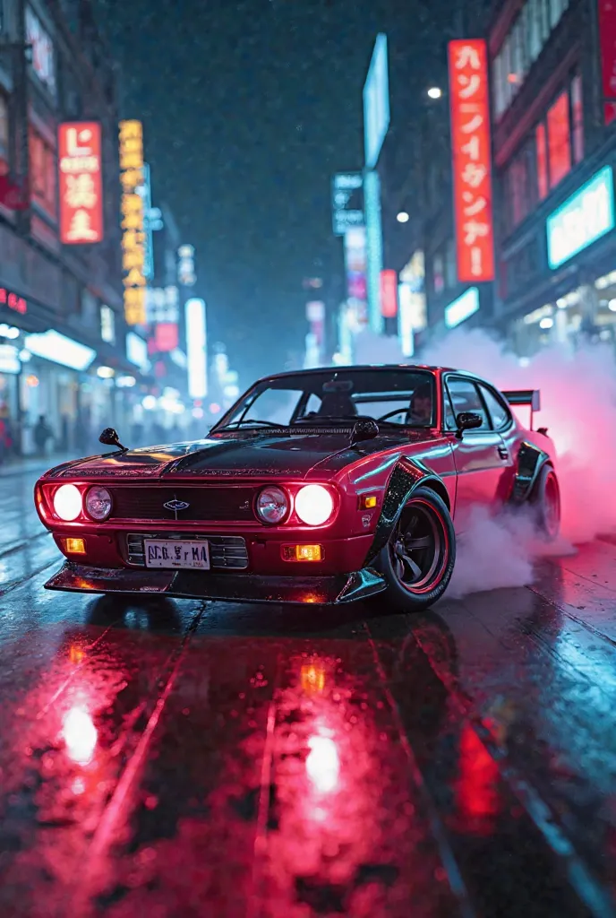 Classic 80s JDM drift car in a high-energy action shot, tires smoking, neon light trails illuminating the dark streets, cyberpunk color scheme, reflective chrome details, cinematic composition