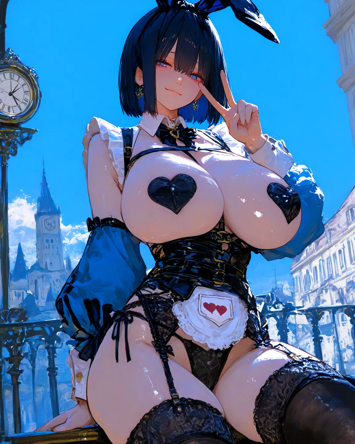      8k Wallpaper、     top quality 、 masterpiece、       748cm style     、       woman 1 person   、   18 years old、  Alice in Wonderland Outfit、garter belt、 Bbo~、 black hair、       short hair、     blue eyes、   pretty eyes、  very big breasts 、   clock、Rabbit...