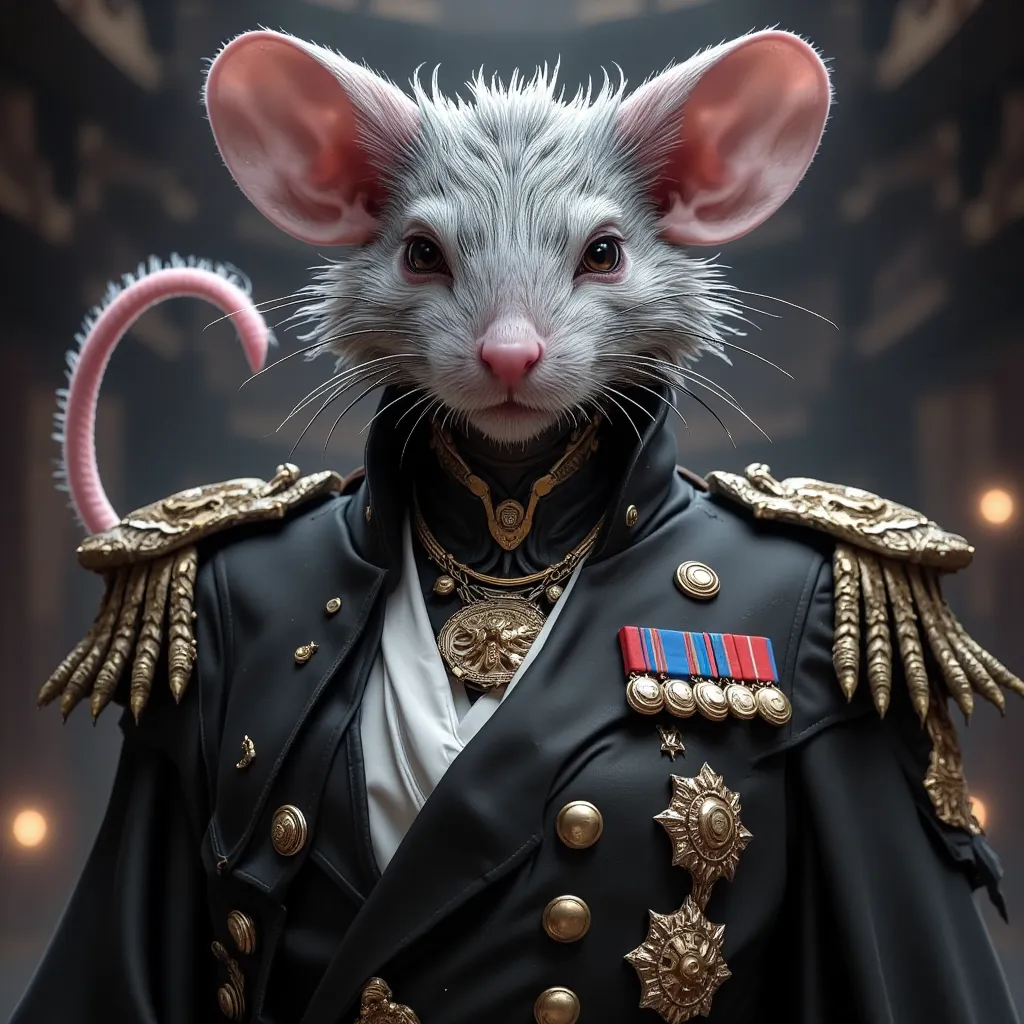 A wise and authoritative old mouse, wearing a military uniform with numerous medals. His stern gaze commands respect.