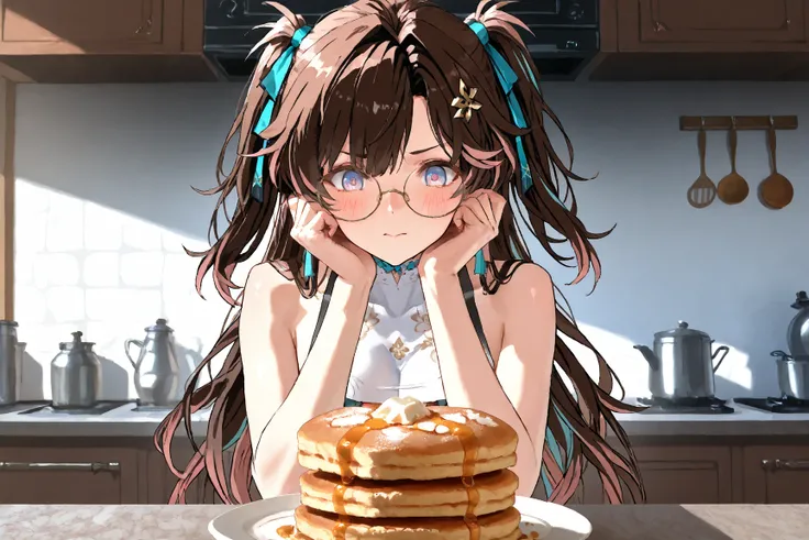 Zhezhi (Wuthering Waves), brown hair, multicolored hair, blush, glasses, round eyewear, long hair, hair ribbon, two side up, purple eyes, blue eyes, multicolored eyes,  round eyewear, In the kitchen, Makes pancakes, Maslenitsa, super HD eyes, digital paint...