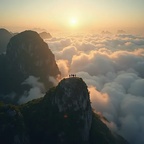 An epic aerial view of Pha Luong Peak, Son La, Vietnam, revealing a dramatic mountain landscape above the clouds. Towering cliffs with rugged rock formations stand against a sea of white mist, creating a floating island effect. A group of adventurous hiker...