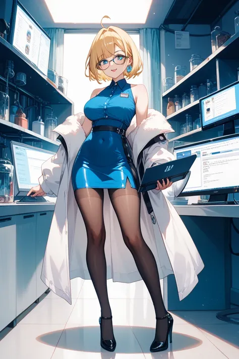 The hair is short bob shorter than the shoulders and is dyed blonde。 height 170cm。Aobuchi glasses。Feminine Rin々Pretty Faces。29 years old。A blue sleeveless shirt and a black tight skirt that is shorter than the inseam and has a full crotch、black tights and ...