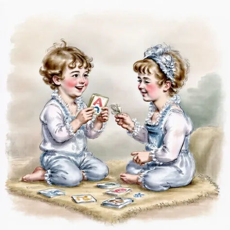 The illustration features two toddlers sitting on a soft, textured play mat, surrounded by scattered alphabet cards. One , a boy with curly hair, holds up a card with the letter "A" and giggles, while the other, a girl with pigtails, excitedly reaches for ...