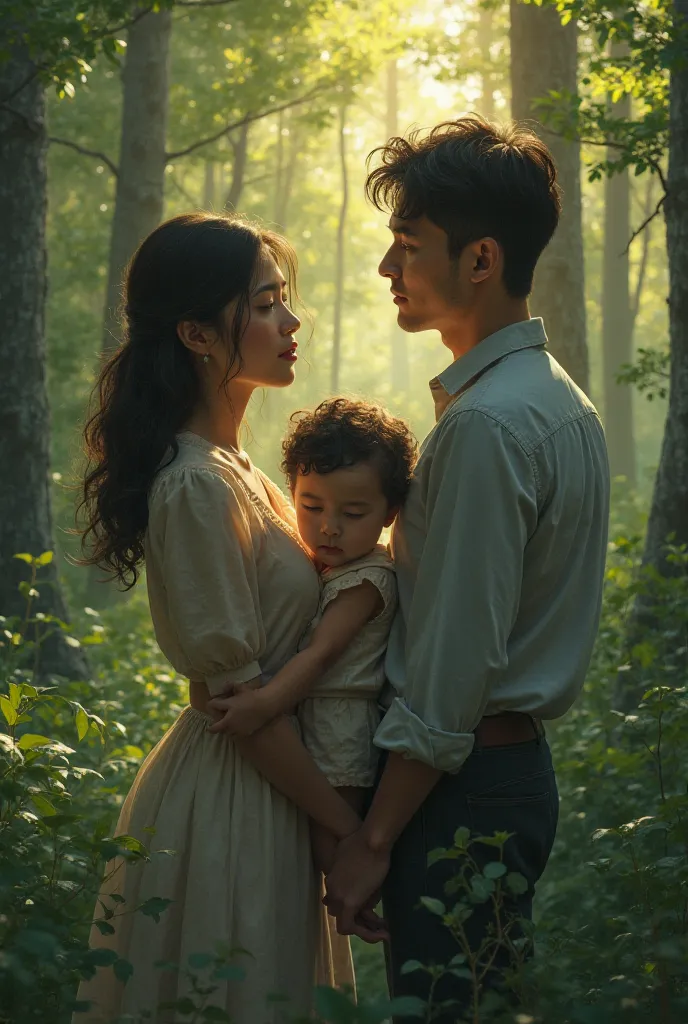 Wife, husband and sister in law bold image in which all are in a forest, her gaze soft and longing, with a faint smile on her face.