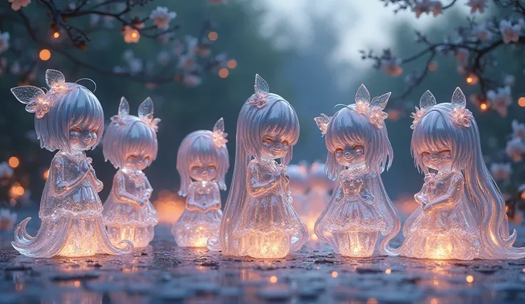 In the evening, there are many beautiful glass figures outside.  anime style drawing  