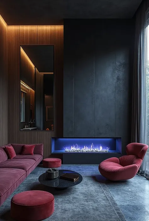 The living room spans a generous 40 to 50 square meters, offering a sense of openness and fluidity. The layout highlights a sleek, built-in rectangular fireplace measuring 2 meters long and 50 cm high, casting a hypnotic blue glow that contrasts beautifull...