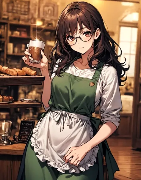 Detailed expression、 Comic Style、（masterpiece：1.2、Highest quality）、   beautiful illustrations、Light and Dark、 Anime Woman 、（nationality：1.1）、A thirty-eight-year-old housewife（age：1.2）、With a shirt、I'm wearing a dark brown tight skirt、pale green floral apro...