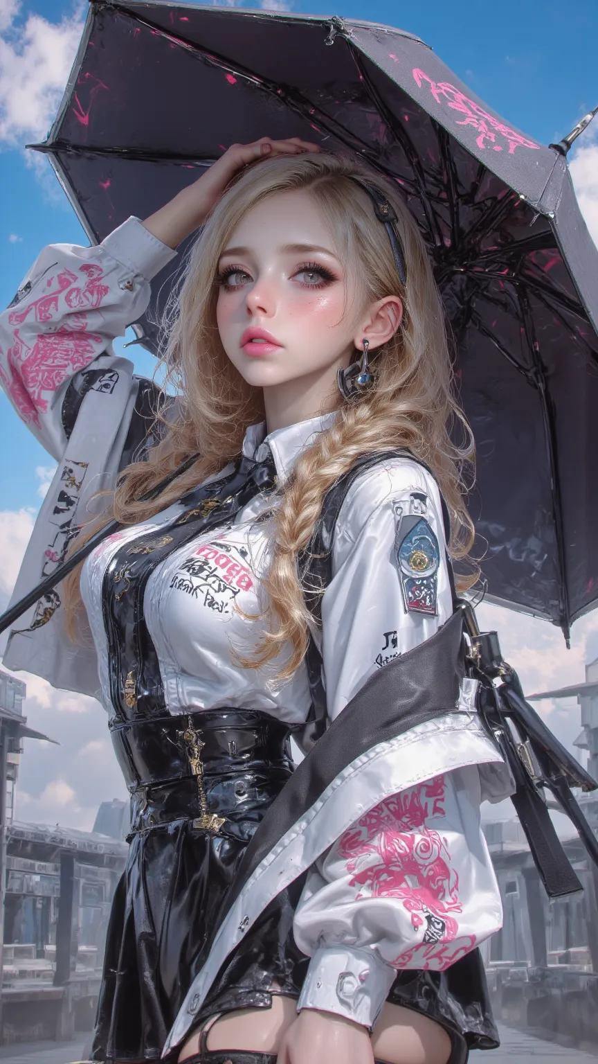 High Definition HD， High detail，high quality，3D Rendering， 1 woman with an umbrella、、 Blonde Hair、 pink lips 、freckle、earphone、in the style of the main portrait painter。  Short top hem, Under the chest , blue, Watching the audience, Smile,  Outdoor, Sky,  ...