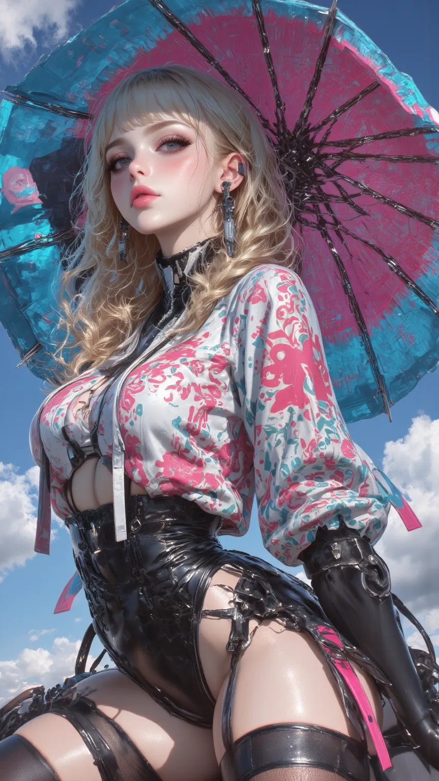 High Definition HD， High detail，high quality，3D Rendering， 1 woman with an umbrella、、 Blonde Hair、 pink lips 、freckle、earphone、in the style of the main portrait painter。  Short top hem, Under the chest , blue, Watching the audience, Smile,  Outdoor, Sky,  ...