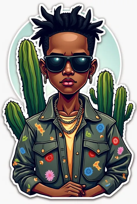 Generate me a Travis Scott sticker or print from his album Cactuc Jack and that is with lines that are not so perfect and straight and without much color,  just enough and necessary . Don't draw Travis Scott, only that they are objects that identify him an...