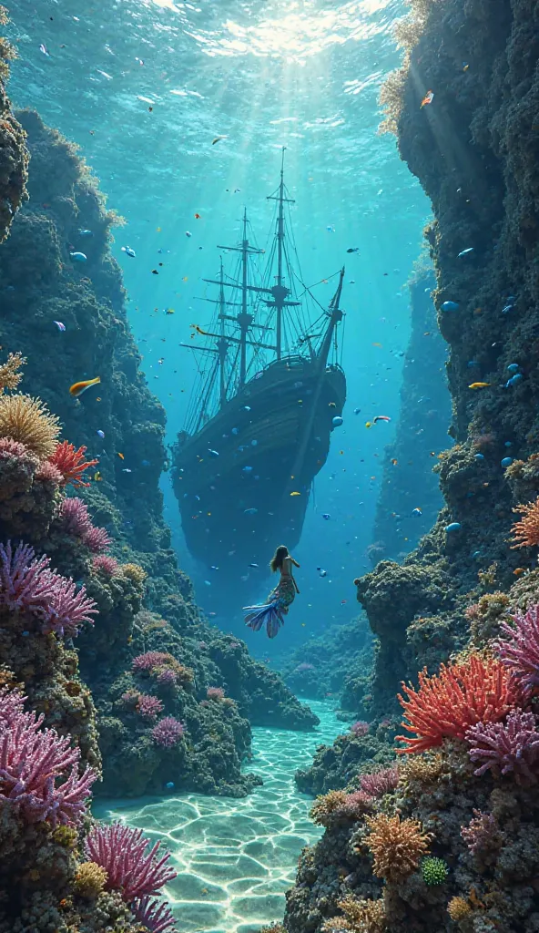 A first-person perspective of swimming through a vibrant, thriving coral reef, bathed in the serene light of the ocean. As you glide effortlessly through the crystal-clear water, the soft undulation of your mermaid tail propels you forward, its iridescent ...