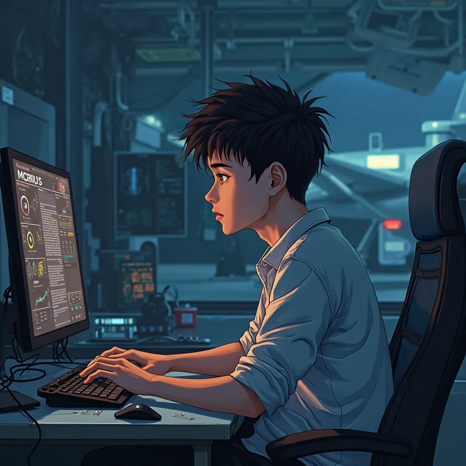 An image of a young man sitting in front of a computer and saying Jesus_Miusic anime style in A Dark Aviation