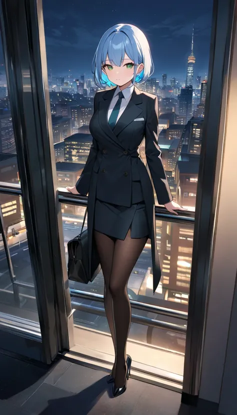 Highest quality、light blue hair、short bob、Deep green eyes、SMALLE BREASTS,Age 25、I'm wearing a black coat over a women's business suit、pantyhose、 pumps、night cityscape、Coming Home From Work