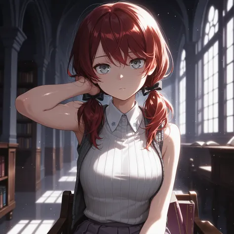 masterpiece, best quality, amazing quality,depressed, expressionless, :|, girl, sitting, light particles, thin, close up, books, dark red hair, swept bangs, low twin tails, hair ribbons, stoic, gray eyes, white sleeveless collared shirt, ribbed vest, gray ...