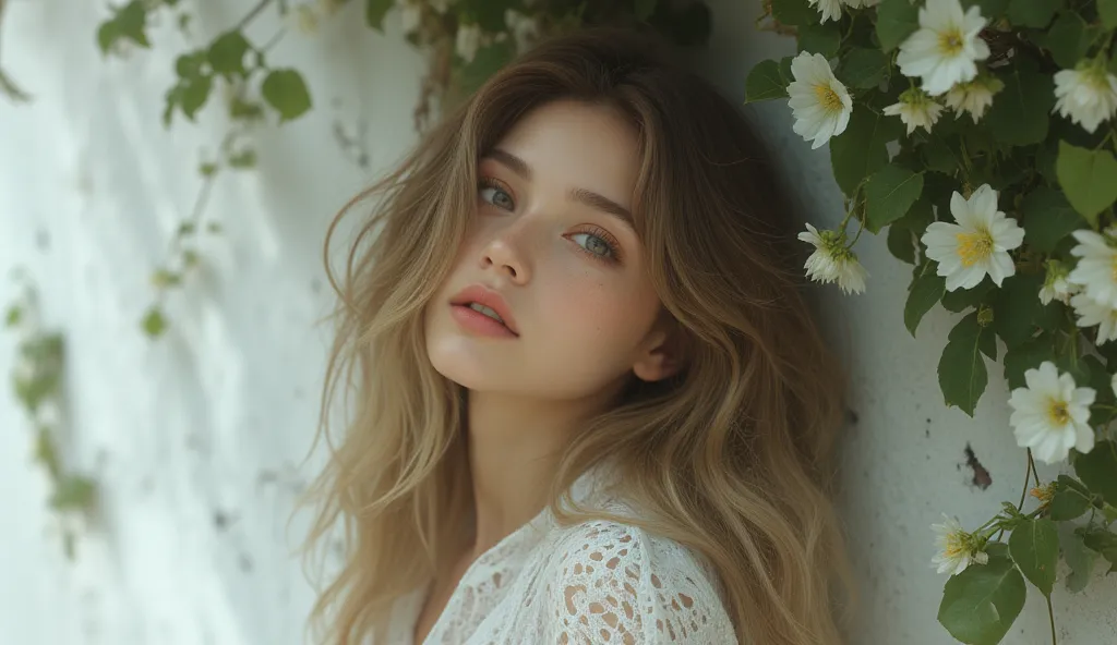 A beautiful stylish, slightly boyish white woman with soft, wavy black hair and subtle freckles across her cheeks and nose, flowing blonde hair stands against a white wall covered in ivy. She has a melancholic and dreamy expression as she gazes forward, fe...