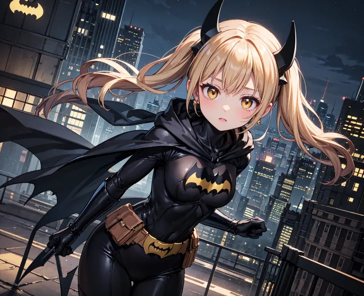 ((Batman suit:1.3)), ((Batman mask, Batman cloak:1.2)), (Flying in the sky:1.6), Business district, skyscrapers, cars, trams, daytime, BREAK, A female , cute face, ((wide shot, dynamic angle:1.3)), solo, (medium hair, blonde hair:1.2), (low twintails:1.4),...