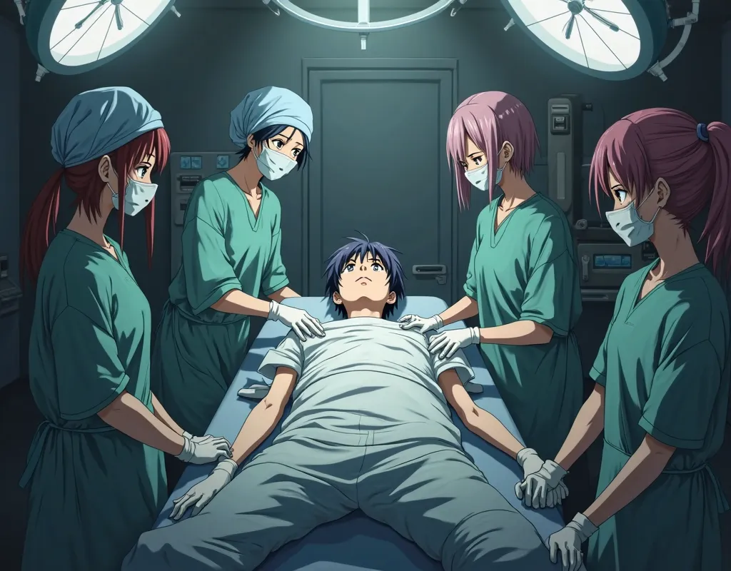 multiple young anime females dressed in surgical outfits, surgical gloves, surgical caps, surigical masks surround operating tables with overhead surgical lights where young anime male quivering in fear and restrained as the surgeons perform castration sur...