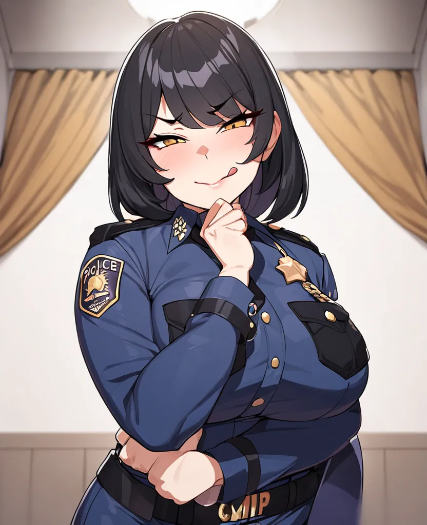 Milf, well endowed, thicc, cop, corrupt police officer, horny, smug, licking lips, dangling handcuffs in front of viewer, short black hair