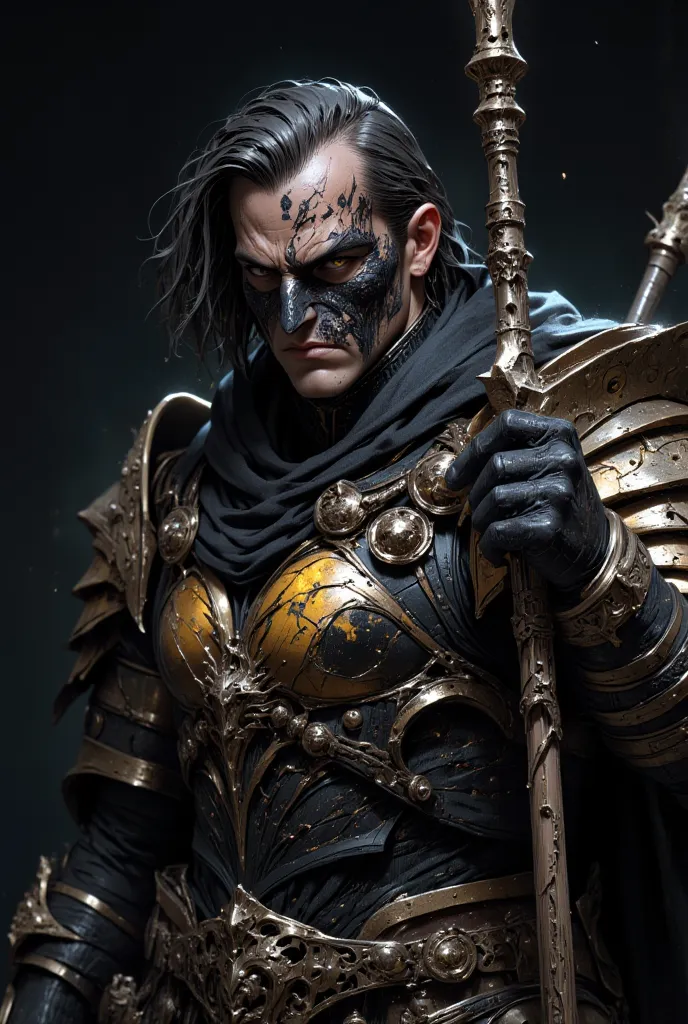 Man, Light leather armor, with spear, face covered with mask, black hair, yellow eyes,