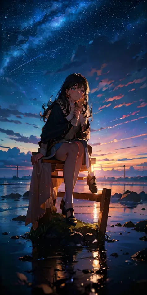 octans, 1 girl, Alone, long hair, is sitting, scenery, starry sky, outdoor, sea,  beach, cloud,  Milky Way, tree, Highest quality, 8k