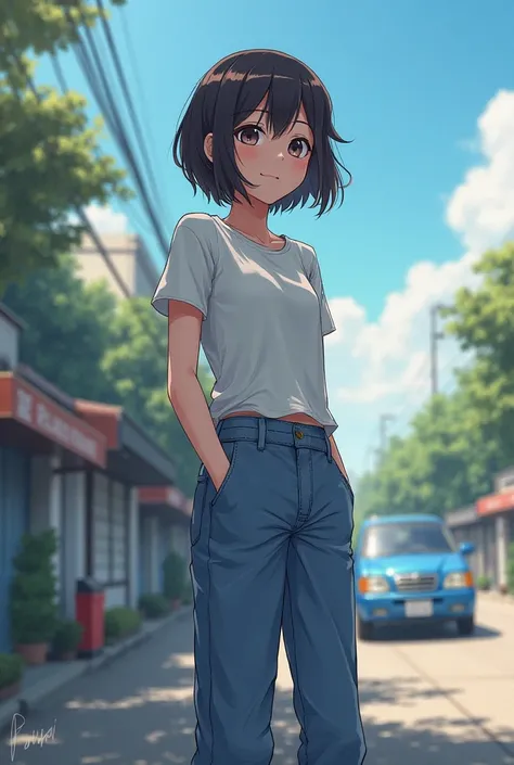 Create a picture of a two-color girl, with dark eyes, short bob hair, wearing five-piece pants, a T-shirt, standing in wait for a blue car that was coming, with the message in the image: “I will return to Khon Kaen.”
