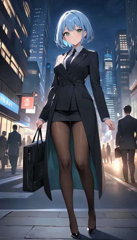 Highest quality、light blue hair、short bob、Deep green eyes、SMALLE BREASTS,Age 25、I'm wearing a black coat over a women's business suit、pantyhose、 pumps、Night business district 、Coming Home From Work