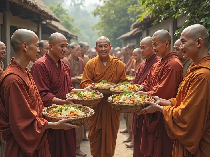 Locals are doling out food for the monks.