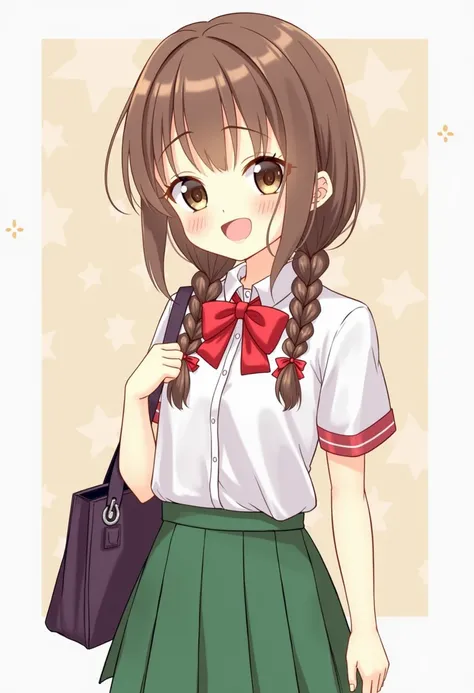 A cheerful young schoolgirl with a big head,wearing a white blouse with a red bow and a green pleated skirt. She has long brown hair styled in two braids with red ties.,
She holds a book in her right hand and carries a dark purple shoulder bag.,
Her expres...