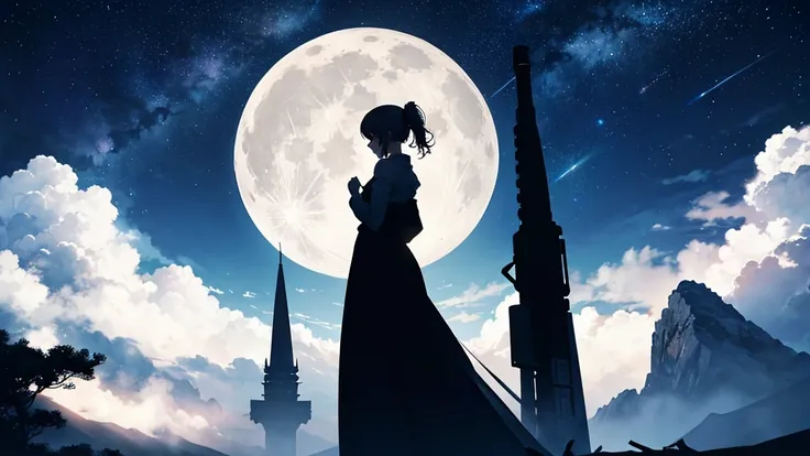 Highest quality,Big moon and shadow,A silhouette of a person can be seen against the backdrop of a large moon.,There is one full moon,There is a mood, beautiful scenery,starry sky