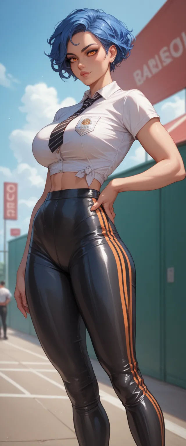 A sexy girl beautiful attractive beautiful big breasted short blue hair her orange eye black eyelash dresses up referee shirt stripe line black to white tied knot shows navel and tight black metallic pants black heel