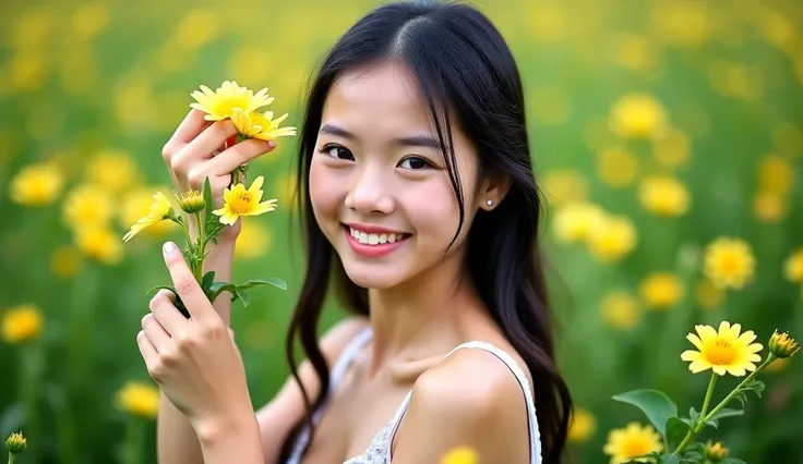 A photo of a young, slim-fit, busty Khmer girl with long black hair. She is 18 years old and is standing amidst green countryside beautiful flowers. She is holding the flowers near to her face to take a shower and wet Abit . Her wearing the bra . her gaze ...