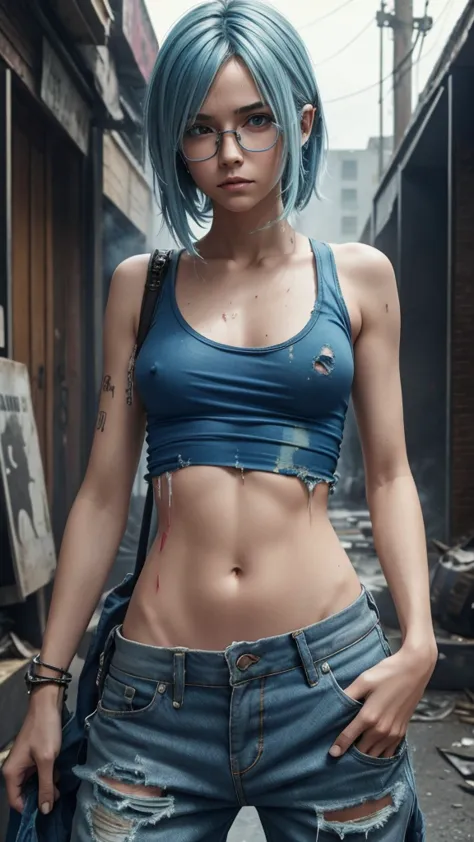 Small breasts, pitite, skinny, blonde hair with blue dyed streaks, thin glasses, tattered clothing, baggy pants, tanktop, sweating, bleeding, futuristic battle ground, nsfw 