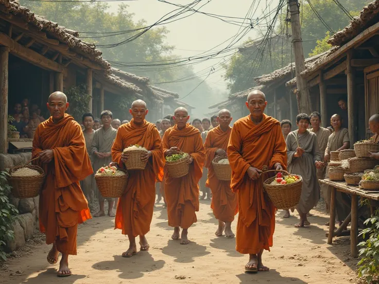 Monks walk for alms. Villagers come to offer alms.