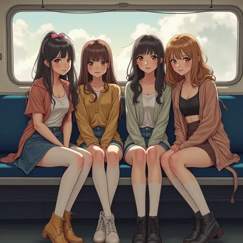 four arabic 8years girls sitting on train seat, View Photographer, whole body, (Smiling at the photographer), tight skirt, High boots, Clothes that show the open chest、Thin and long elbows、(wearing a open breast top, mini skirt, white pantyhose), (Plump br...