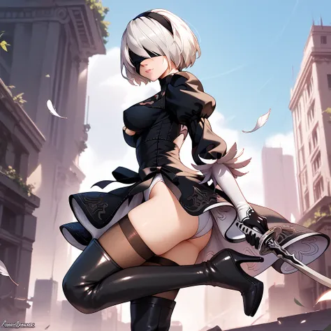 (best quality)), ((masterpiece)),2BNAXL , blindfold, black blindfold,  hairband , white hair, short hair, Big Breasts, clothing cutout, cleavege cutout, black dress, puffy sleeves, feather-trimmed sleeves, black gloves,  leotard, skirt, black thighhighs, t...