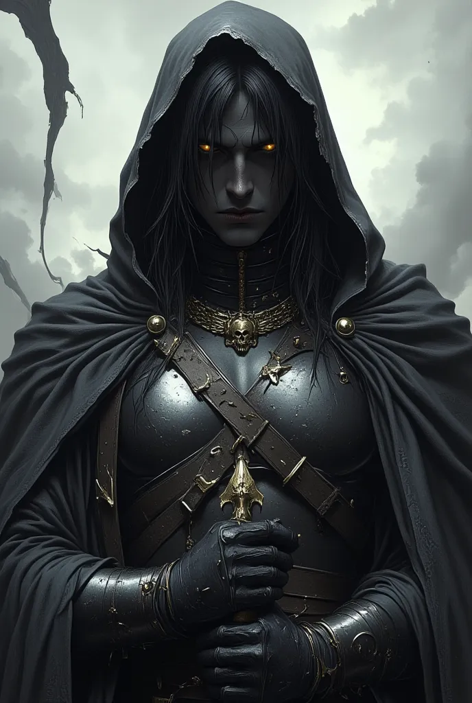 Man, Light leather armor, with spear, face covered with mask, black hair, yellow eyes,